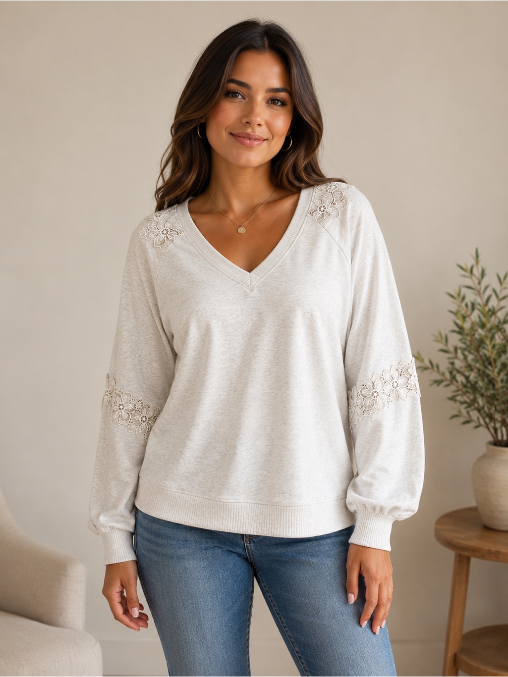 Women's Democracy Long Sleeve Lace Detail Blouse Size Large Cream Casual Top